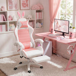 Silla gaming con soporte lumbar, altura ajustable, respaldo reclinable, orejas de conejo y reposacabezas, rosa