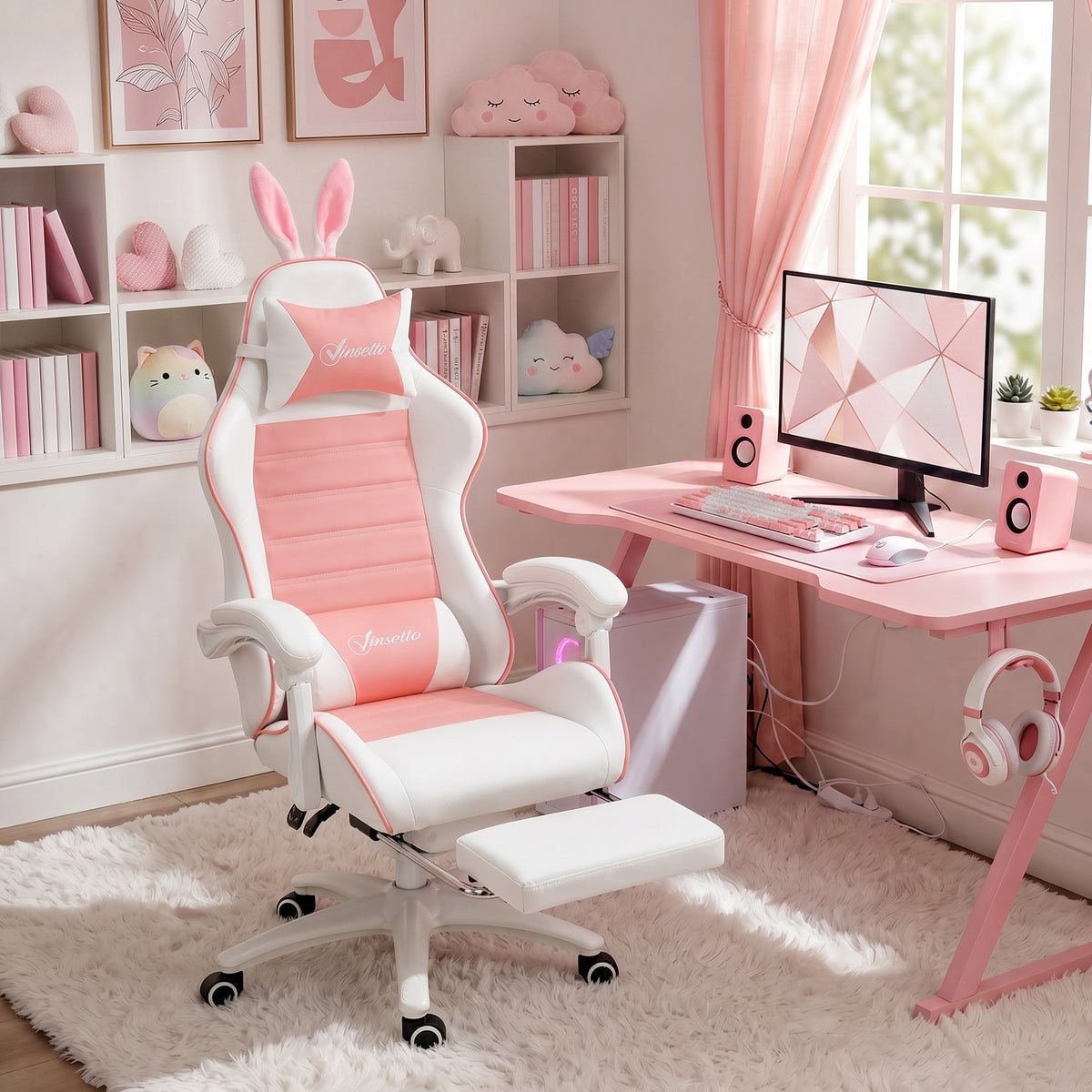 Silla gaming con soporte lumbar, altura ajustable, respaldo reclinable, orejas de conejo y reposacabezas, rosa