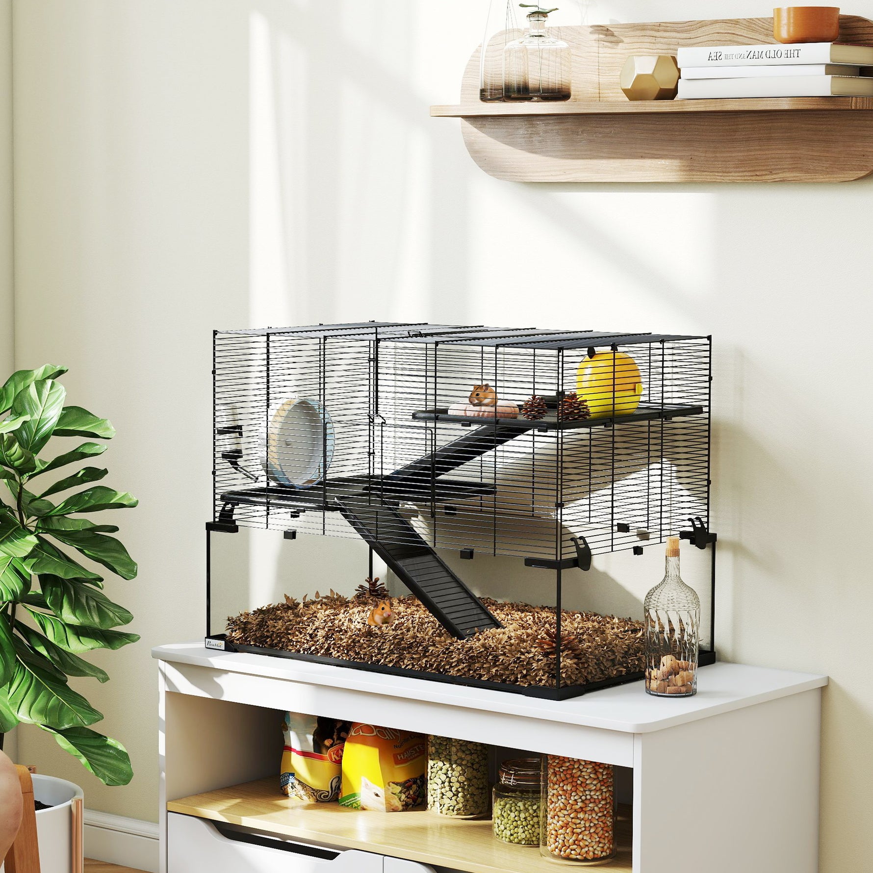 Cage hamster cage rongeur 3 niveaux avec roue rampes maisonnette abreuvoir mangeoire 76,5L x 48,5l x 54,5H cm noir