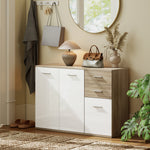 Buffet salon, meuble de rangement avec 2 tiroirs, 3 portes et étagère réglable, 106 x 35 x 76 cm, blanc et bois naturel