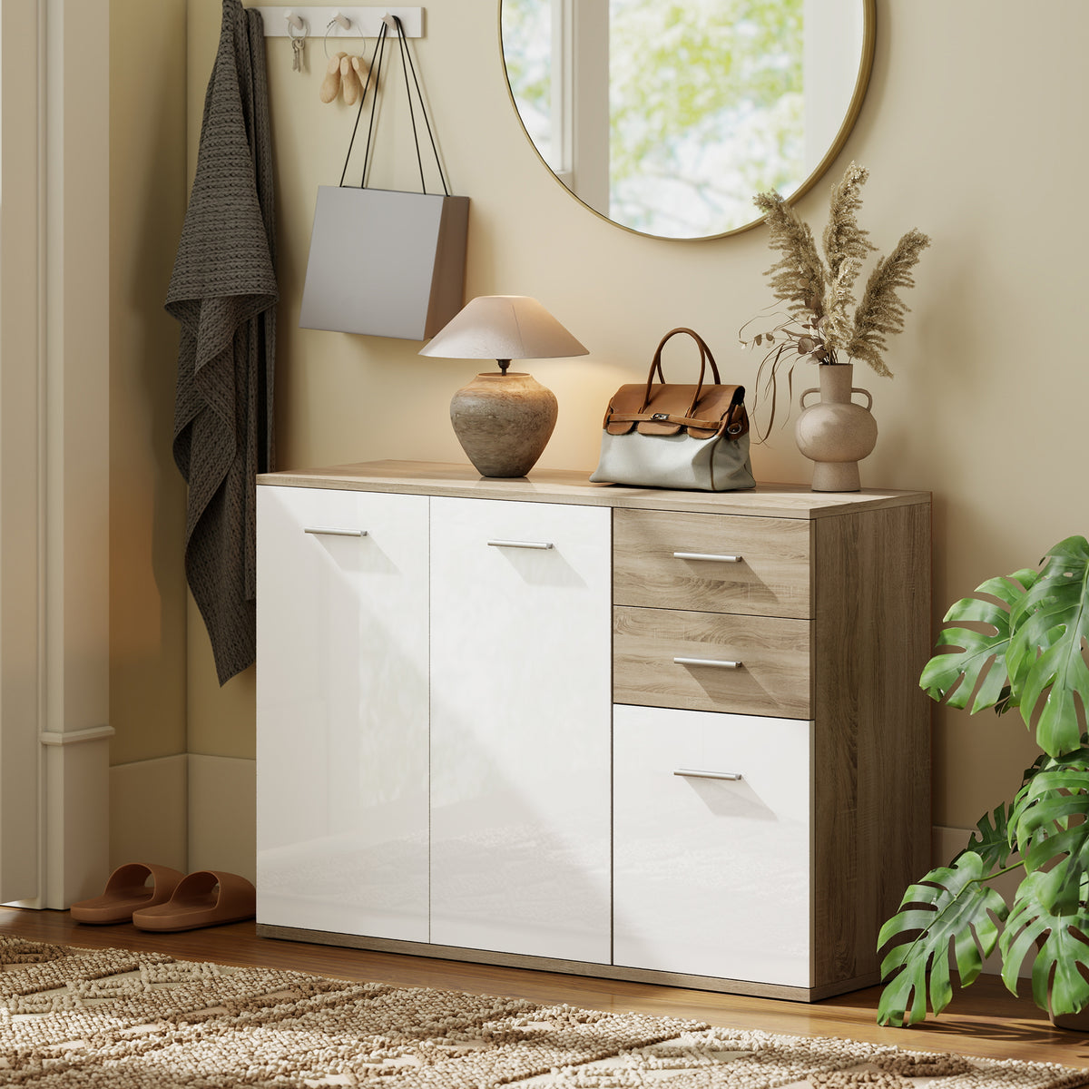 Buffet salon, meuble de rangement avec 2 tiroirs, 3 portes et étagère réglable, 106 x 35 x 76 cm, blanc et bois naturel