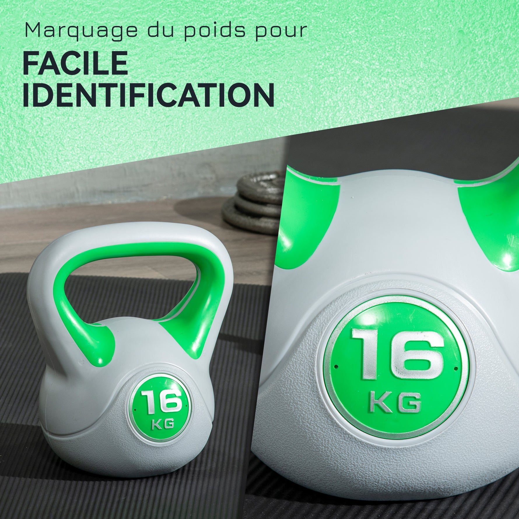 Kettlebell 16 kg, Haltère avec Poignée Ergonomique, Haltère à Boule, Musculation, Entraînement, 27 x 17 x 31 cm, Vert