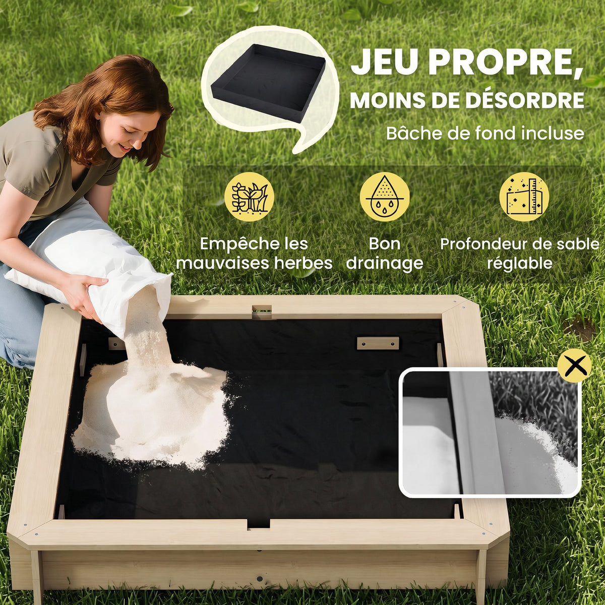 Bac à sable carré en bois pour enfants dim. 106L x 106l cm avec bancs et couvercle - auvent réglable