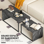 Lot de 2 tables basses gigognes design industriel encastrable en métal noir et effet marbre gris foncé