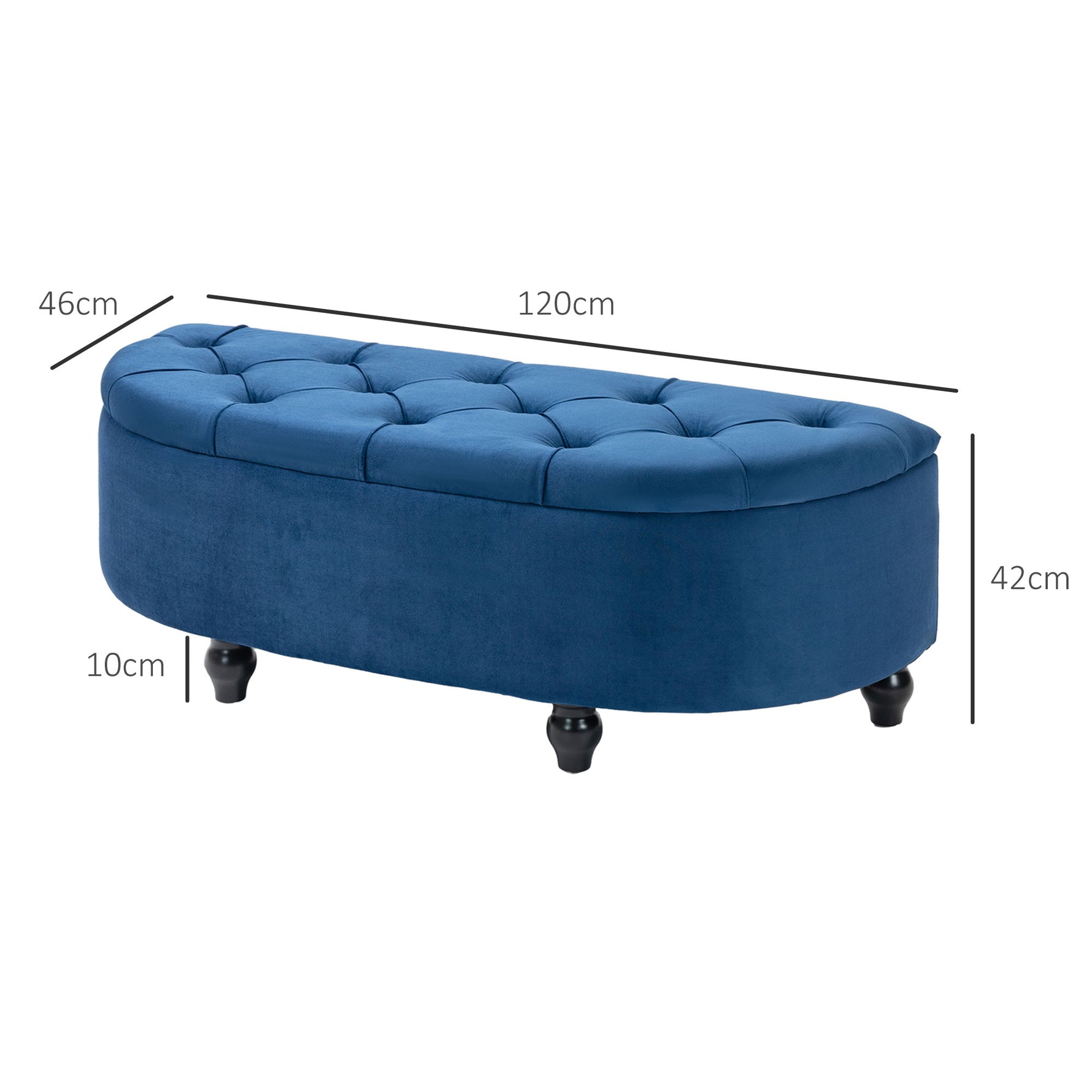 Pouf de Rangement Coffre 2 en 1 - Pouf capitonné Demi-Cercle - Pieds Bois hévéa Noir revêtement Velours Bleu