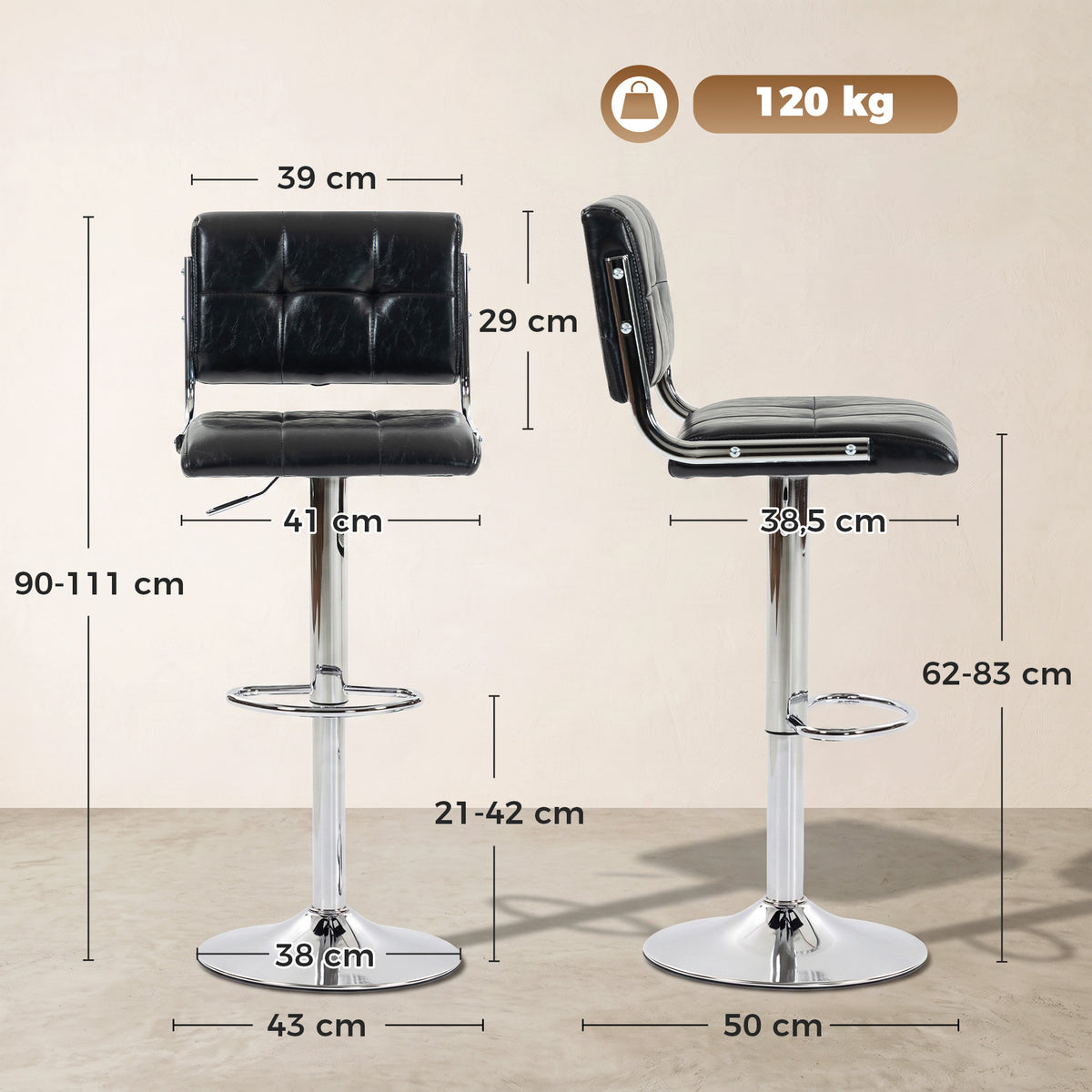 Set di 2 sgabelli da bar, altezza regolabile, girevoli a 360°, seduta imbottita, schienale e poggiapiedi, nero