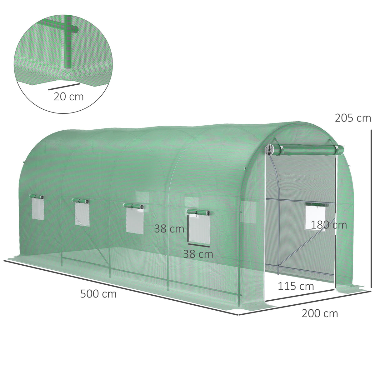 Serre de Jardin Tunnel Surface Sol 10 m² 5L x 2l x 2,05H m châssis Tubulaire renforcé Porte zippée 8 fenêtres enroulables Vert
