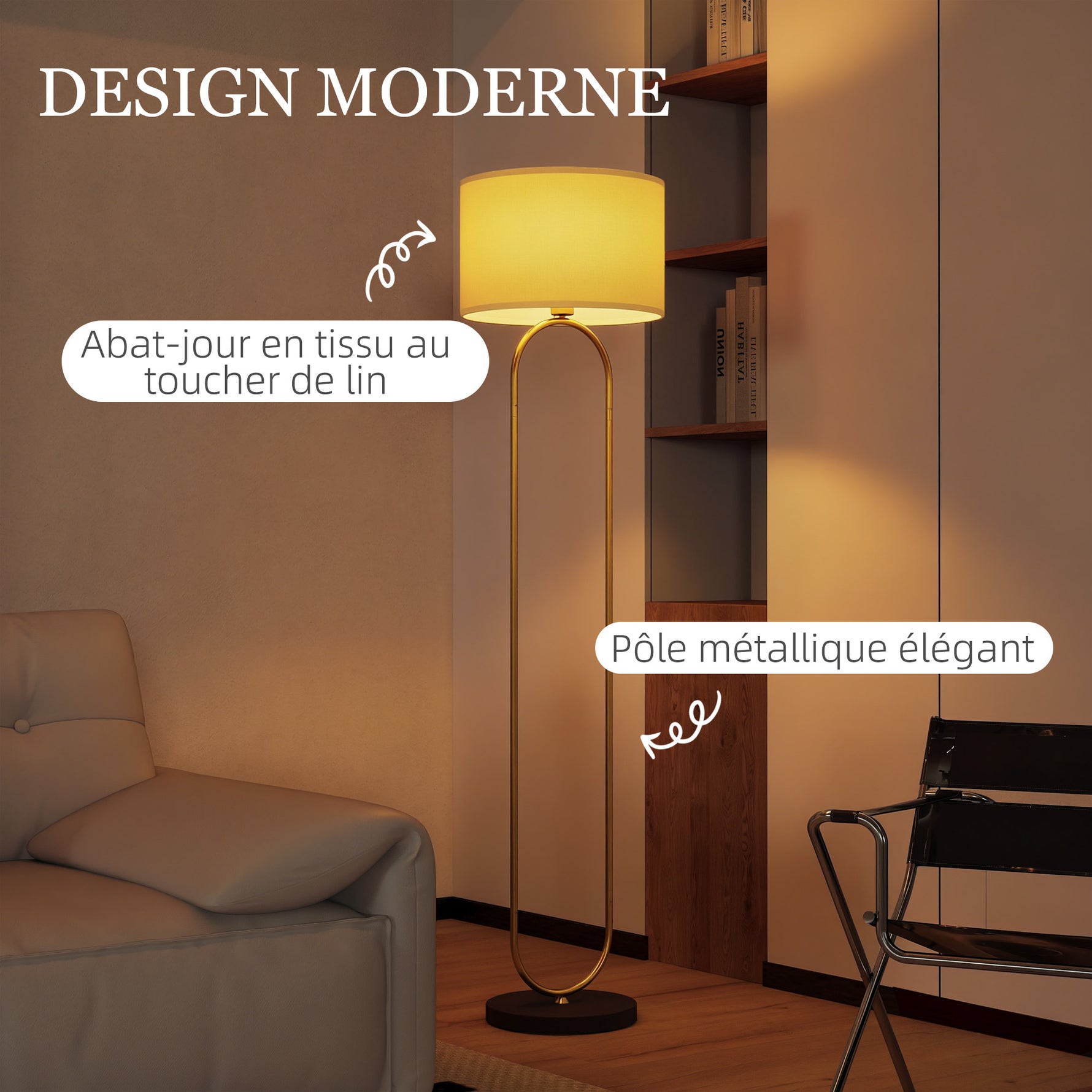 Lampadaire abat-jour en lin douille E27 style moderne interrupteur à pied pour salon et chambre 156 cm doré et noir