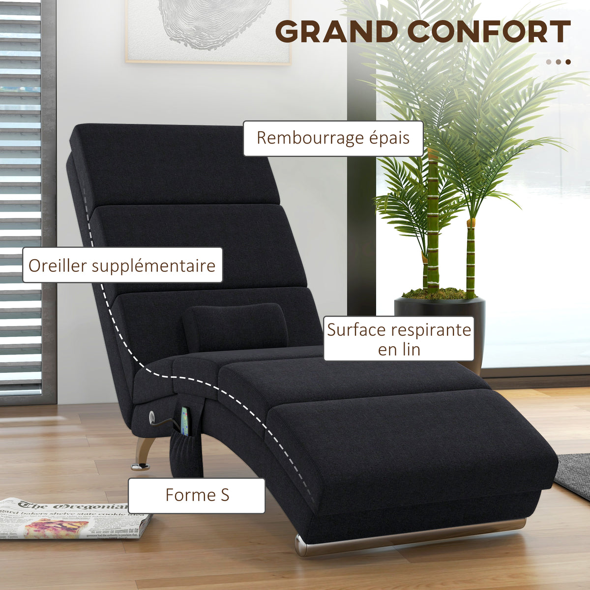 Fauteuil relax chaise longue de relaxation ergonomique, massant et chauffant avec télécommande 56 x 168 x 84 cm noir