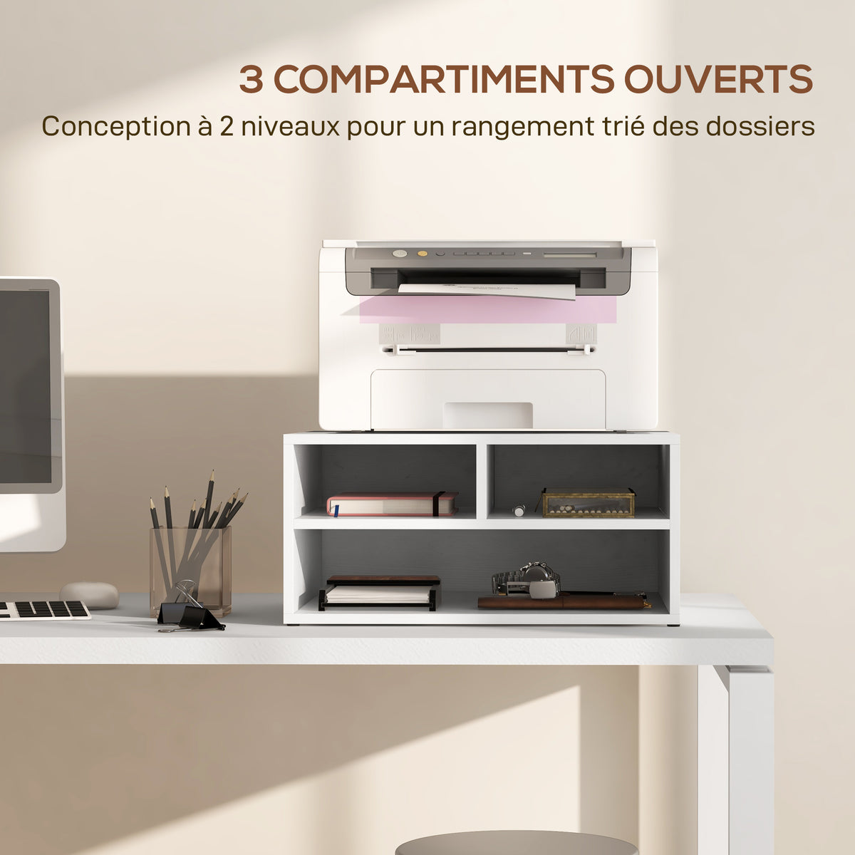 Organiseur bureau aspect blanc avec 3 compartiments fournitures support d'imprimante 47 x 40 x 22,5 cm