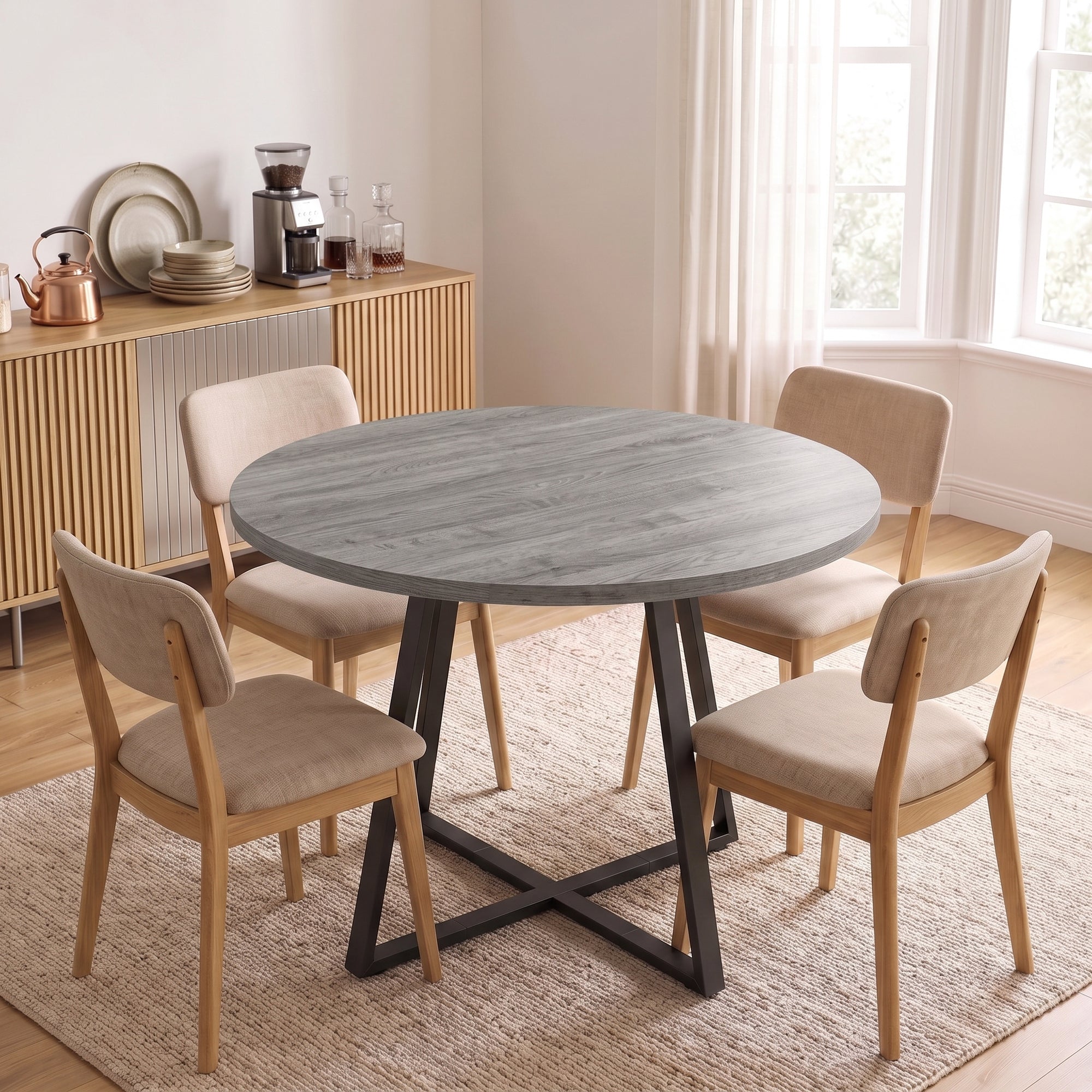 Table à Manger Ronde pour 4 Personnes Ø 100 cm, Cadre Carré en Acier Carbone, Style Industriel, Effet Bois Gris
