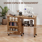 Mesa de costura plegable, mueble de costura abatible con cajones de almacenamiento, estante abierto y ruedas, marrón