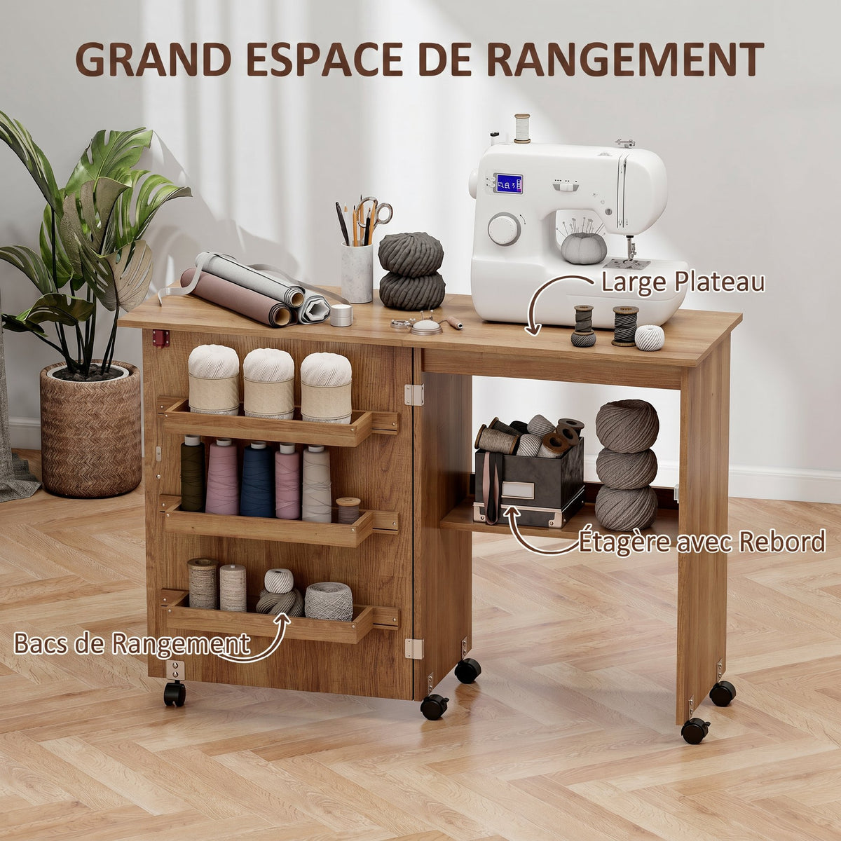 Mesa de costura plegable, mueble de costura abatible con cajones de almacenamiento, estante abierto y ruedas, marrón