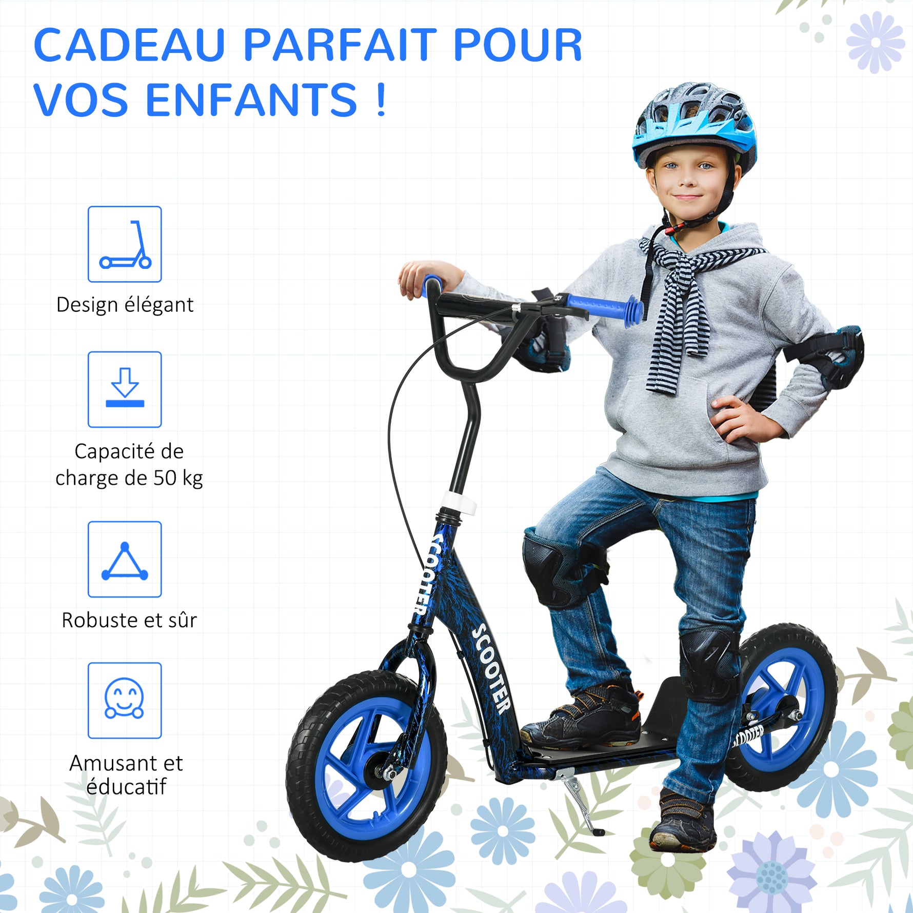 Trottinette patinette scooter enfant grandes roues de 6 à 12 ans hauteur réglable frein arrière béquille bleu