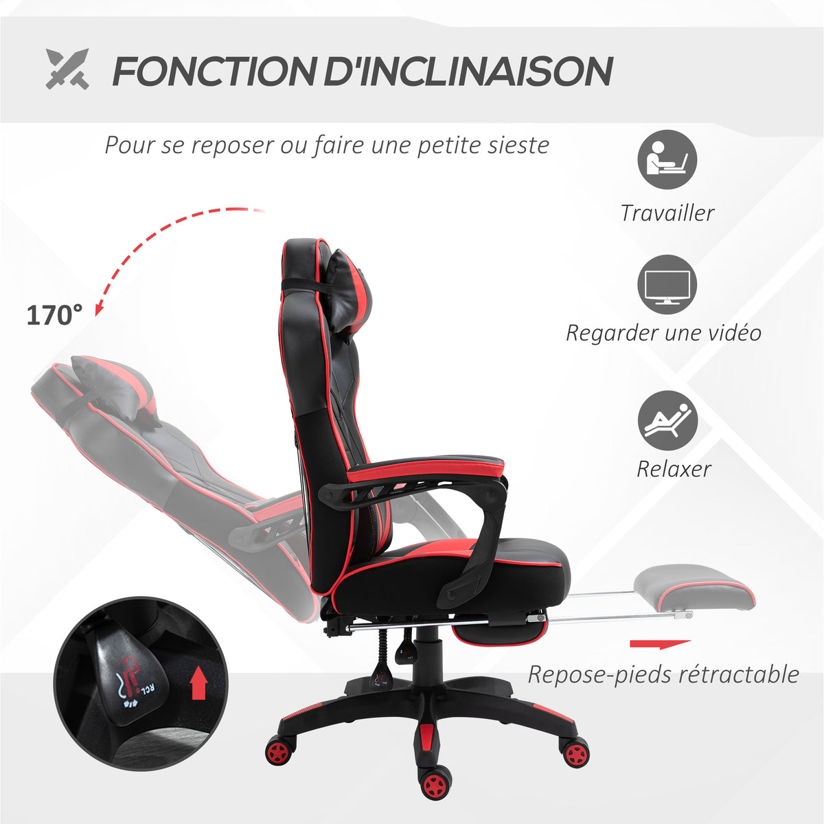 Chaise gaming Ergonomique, Fauteuil de Bureau confortable avec Repose-Pied, Appuie-Tête et coussin lombaire, Hauteur Réglable, noir et rouge