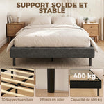 Sommier Tapissier 140x190 cm, Cadre de Lit avec Revêtement en Chenille, 10 Lattes Bois, 9 Pieds Stables, Gris