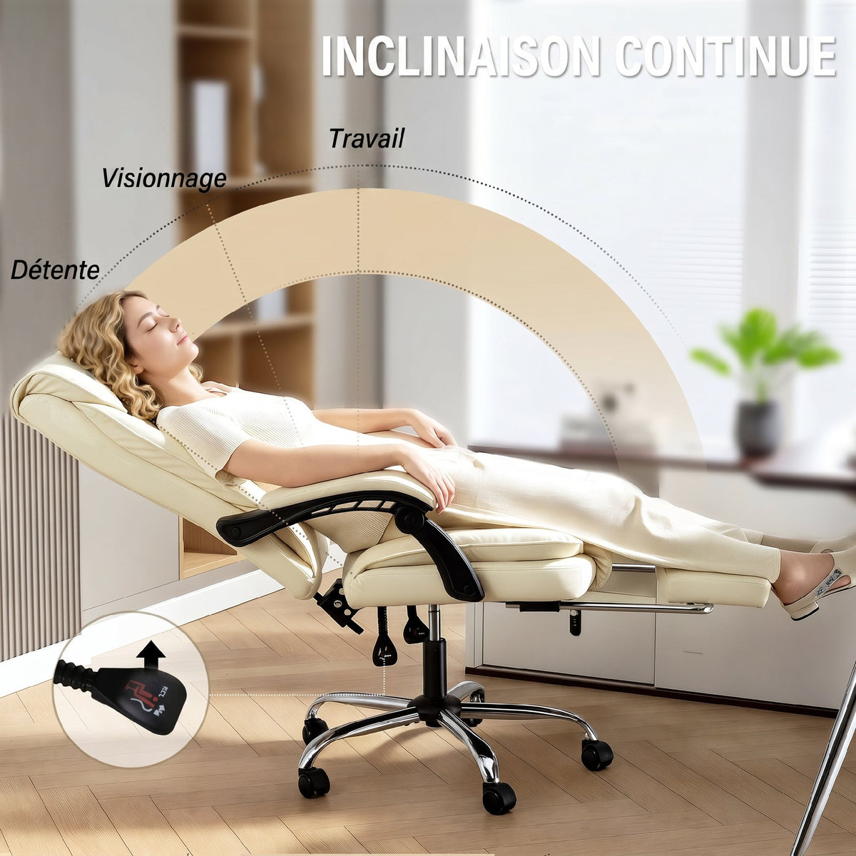 Chaise de bureau ergonomique, fauteuil de bureau inclinable avec repose-pieds, hauteur réglable, pivotante 360°, beige