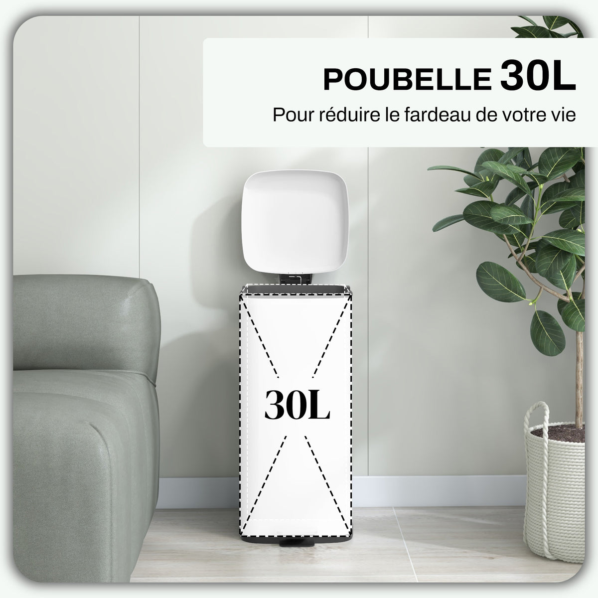 Poubelle de cuisine 30L avec couvercle à fermeture douce et pédale, seau intérieur amovible, 28L x 35l x 63,5H cm, blanc