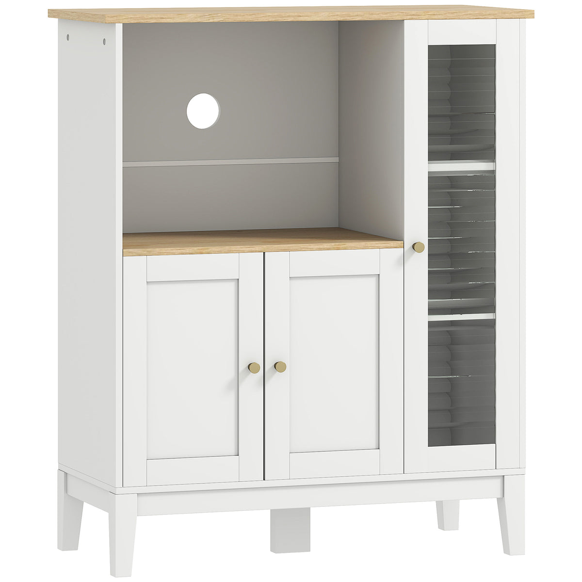Meuble armoire micro-ondes pour cuisine avec 1 niche, 3 portes passe-câbles 80 x 35 x 97 cm blanc et aspect bois
