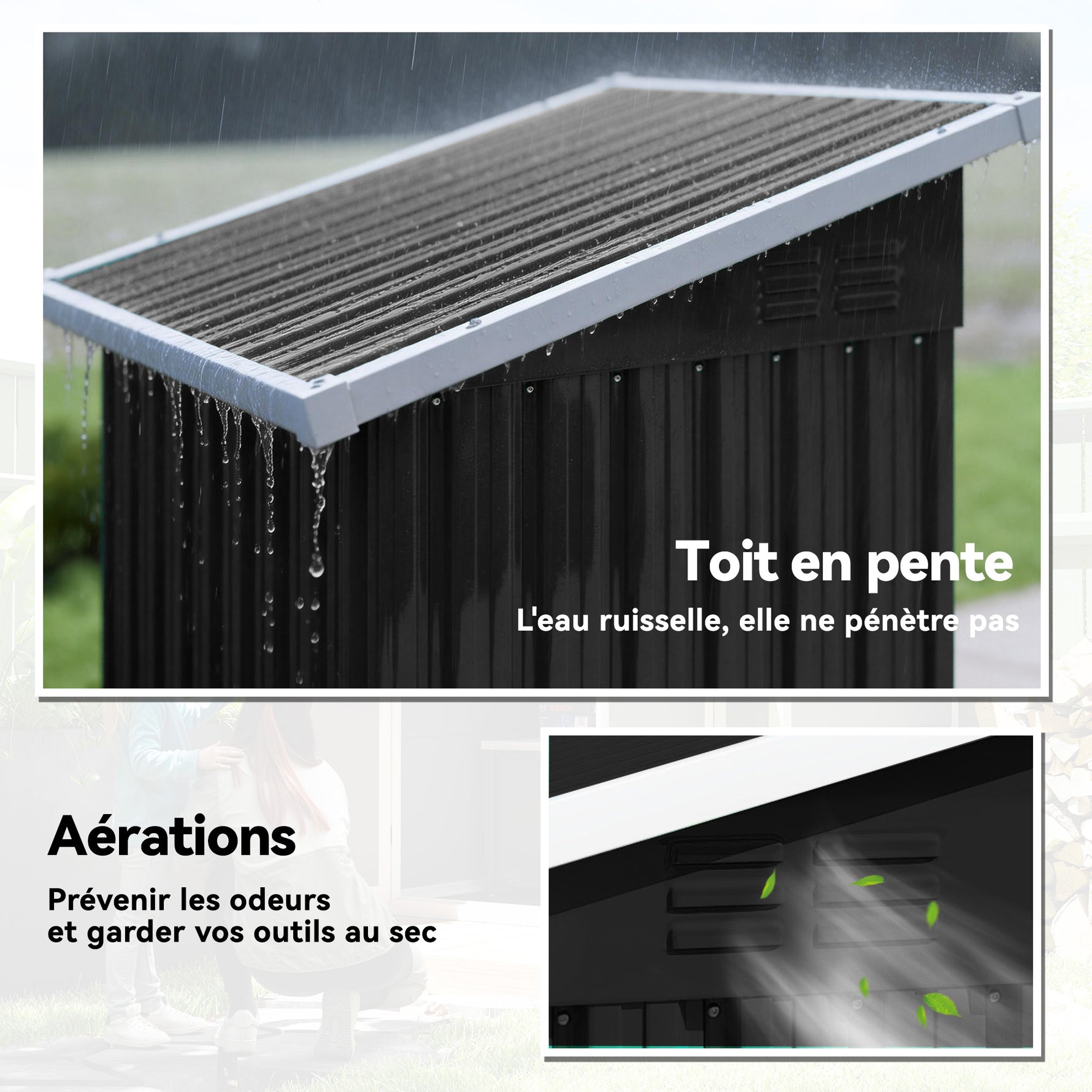 Abri de jardin en métal, cabane de jardin, porte verrouillable, toit incliné, aérations et gants, 107,5x91x185cm, gris