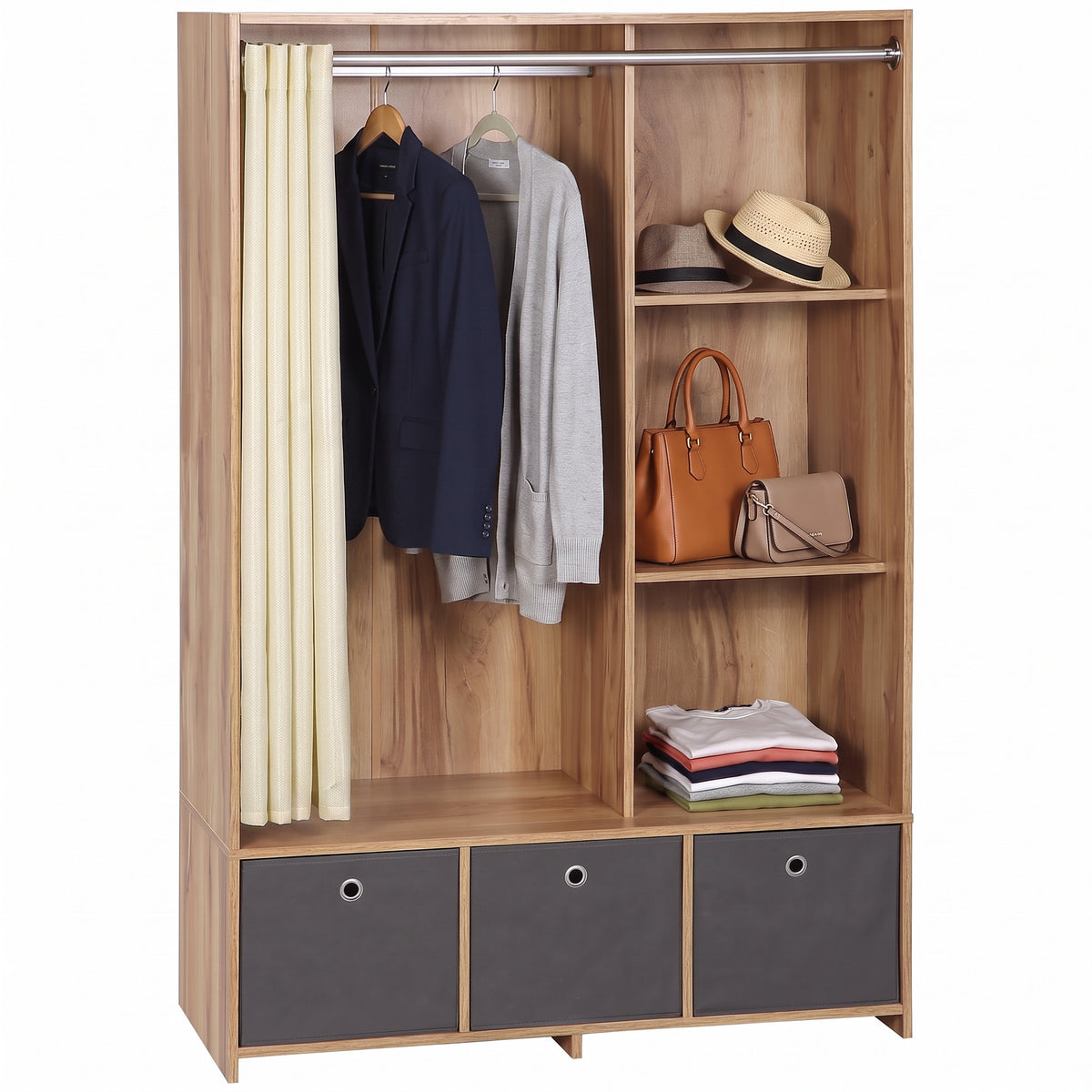 Kleiderschrank Aufbewahrungsschrank mit Kleiderstange, Vorhängen und 3 herausnehmbaren Stoffschubladen, 105 x 48 x 160 cm, natur