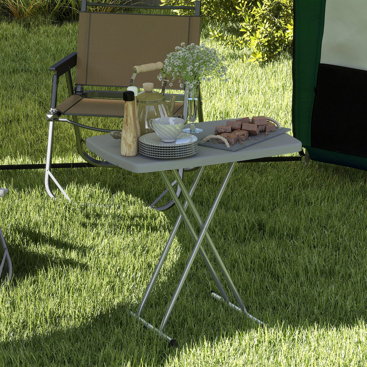 Table d'appoint pliable en HDPE table pliante hauteur réglable sur 6 niveaux pour patios jardins 76 x 50 x 74 cm gris