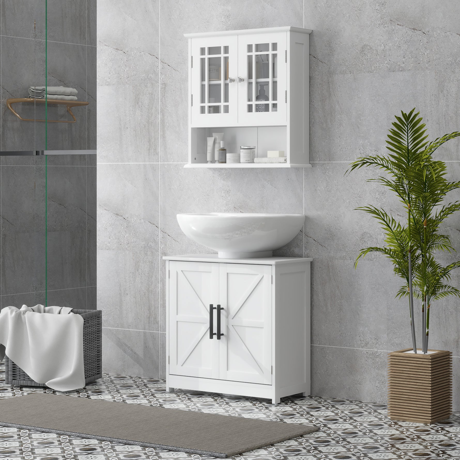 Meuble sous lavabo, meuble de salle de bain avec 2 portes magnétiques style grange et étagères, 60 x 30 x 60 cm, blanc