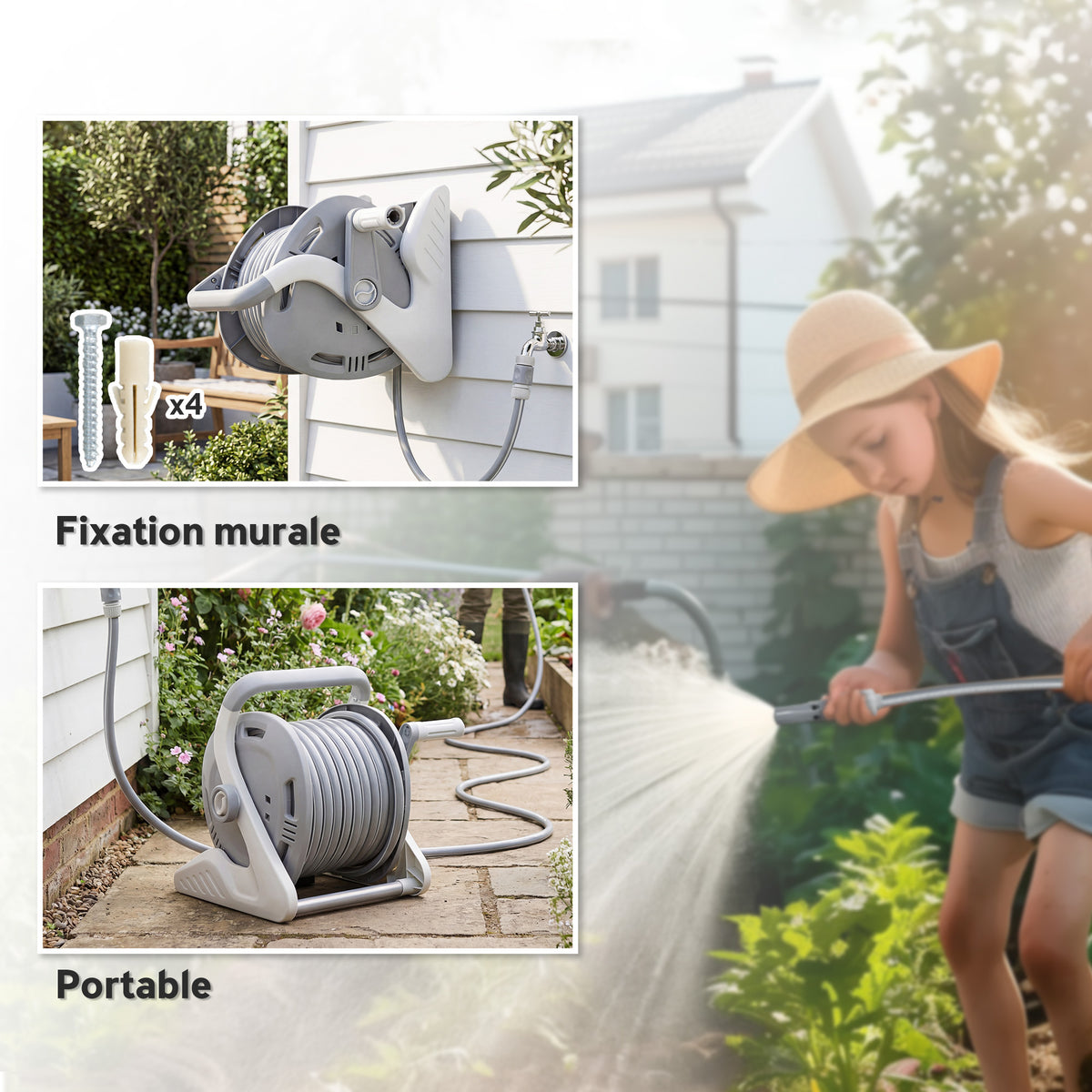 Wand-Schlauchbox 20+2 m x Ø 15 mm, tragbarer Gartenschlauch-Aufroller, Sprühdüse mit 2 Modi, Grau
