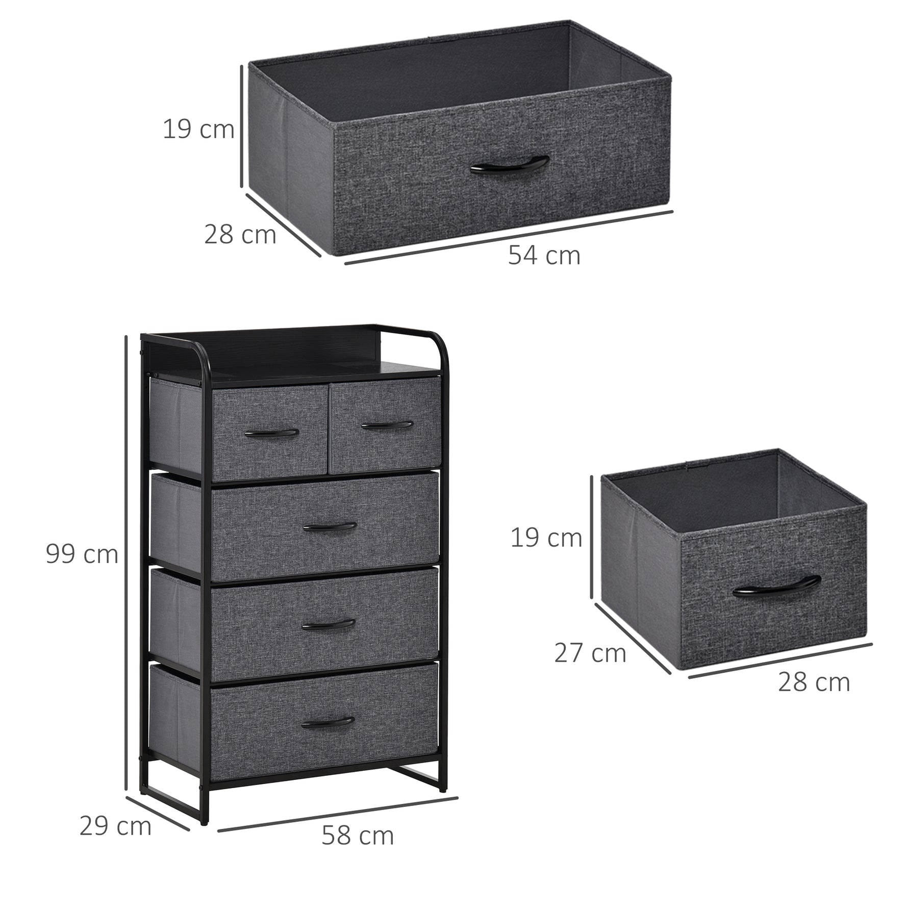 Commode Meuble de Rangement 5 tiroirs Pliables en Tissu 58 x 29 x 99 cm Gris