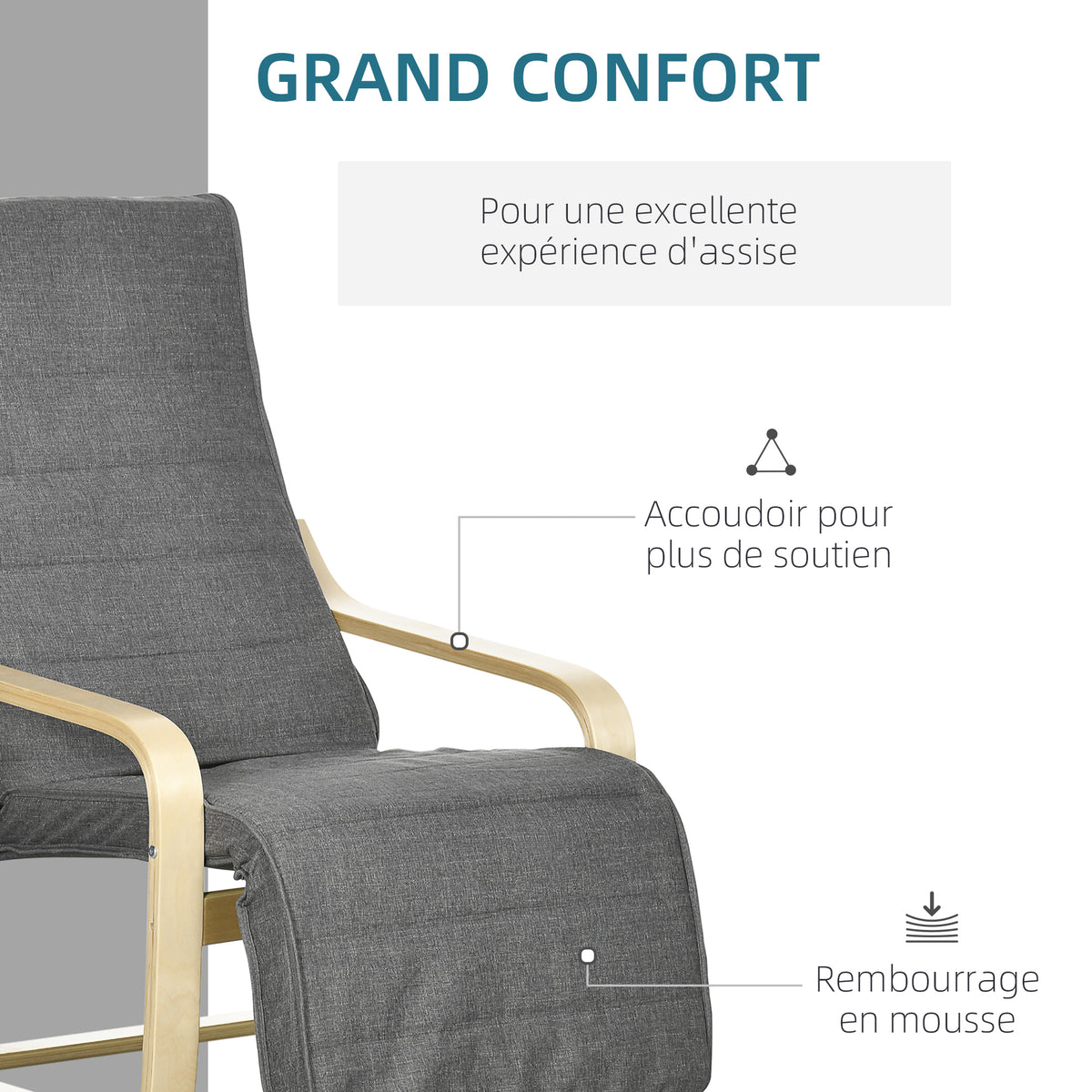 Fauteuil Luxe Confort et Relaxation avec Repose-Pied réglable déhoussable 94 x 66,5 x 100 cm cm Bois Massif Gris