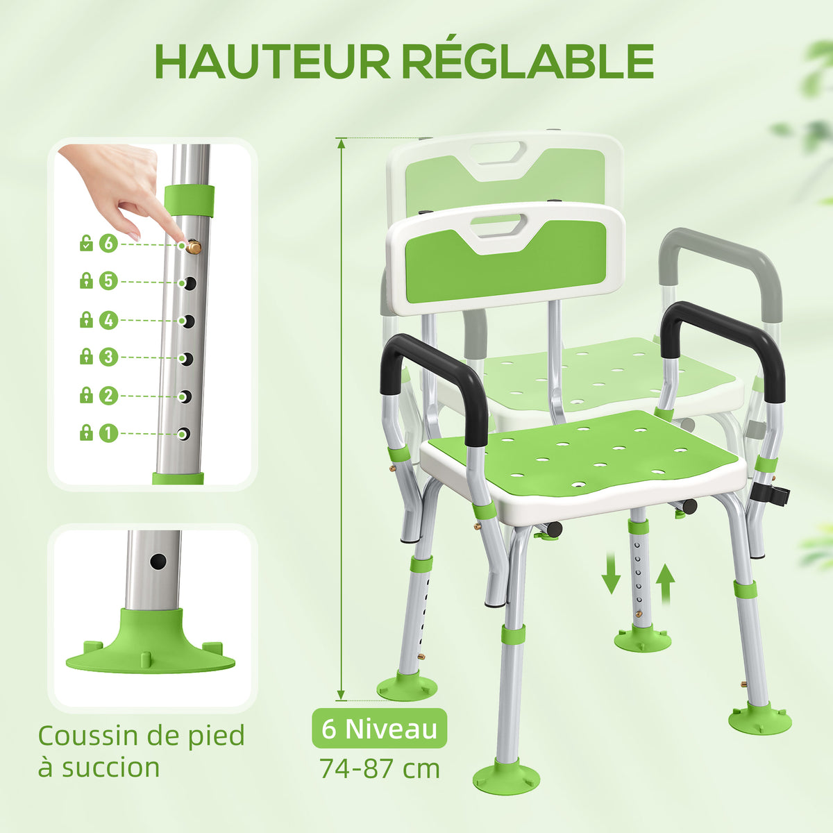 Tabouret de douche chaise de douche ergonomique hauteur réglable pieds antidérapants 56,5 x 53,5 x 87 cm blanc et vert