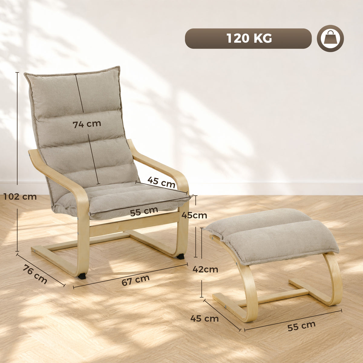 Fauteuil de Salon avec Repose-Pied, Fauteuil d'Appoint en Lin, Assise Large, Dossier Haut, Bascule Douce, Beige