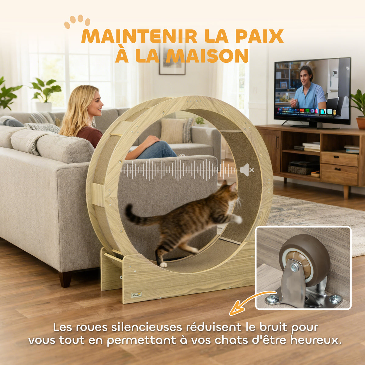 Ruota da corsa per gatti da interno tapis roulant con freno tiragraffi diametro 91 cm naturale