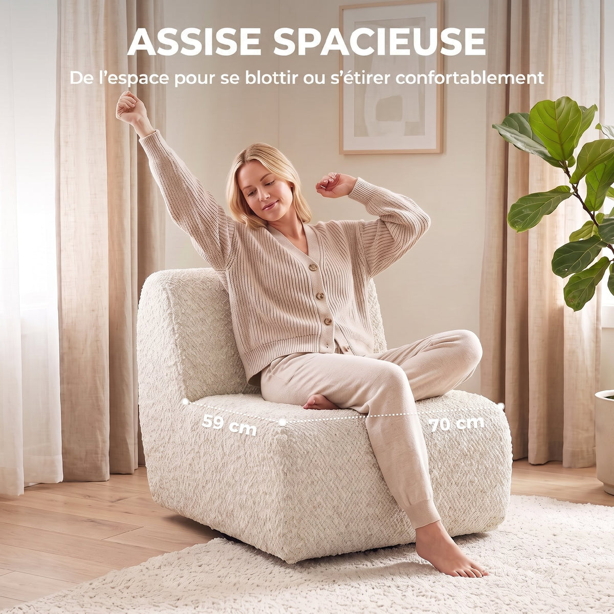 Fauteuil de salon pivotant 360°, canapé 1 place rembourré en chenille avec assise extra-large, rembourrage épais, beige