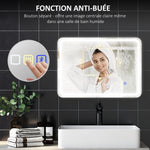 Miroir salle de bain Bluetooth avec éclairage LED 50 x 70 cm, miroir lumineux mural avec horloge, antibuée, argenté