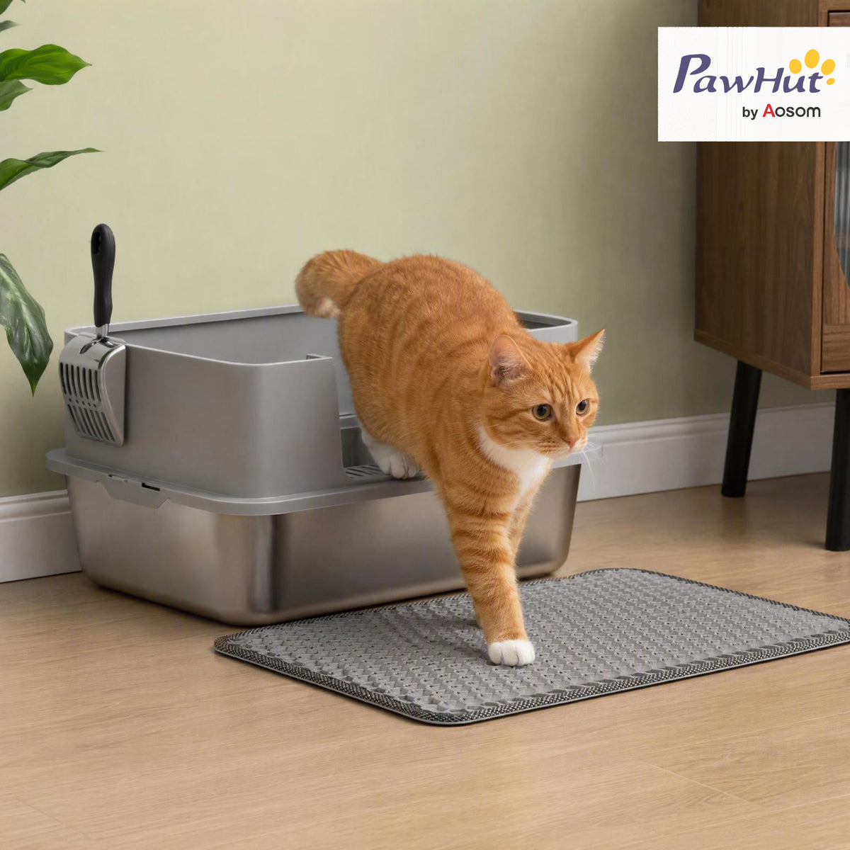 Bac à litière XL en acier inoxydable, maison de toilette pour grand chat, nettoyage facile 60,2 x 40,2 x 29,5 cm, gris