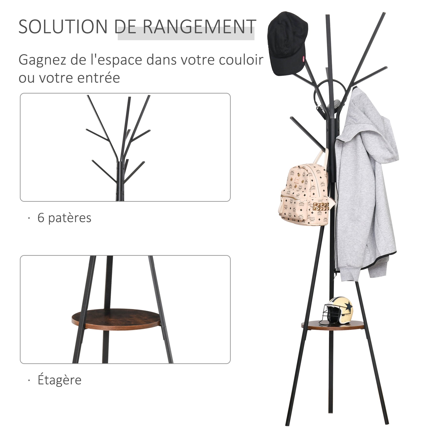 Porte-manteau trépied design contemporain branches étagère + 9 patères dim. 45L x 45l x 180H cm métal marron