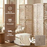 Paravent interieur en bois 6 panneaux 240 x 170 cm, pliable et portable, motif de feuille, design amovible, bois naturel
