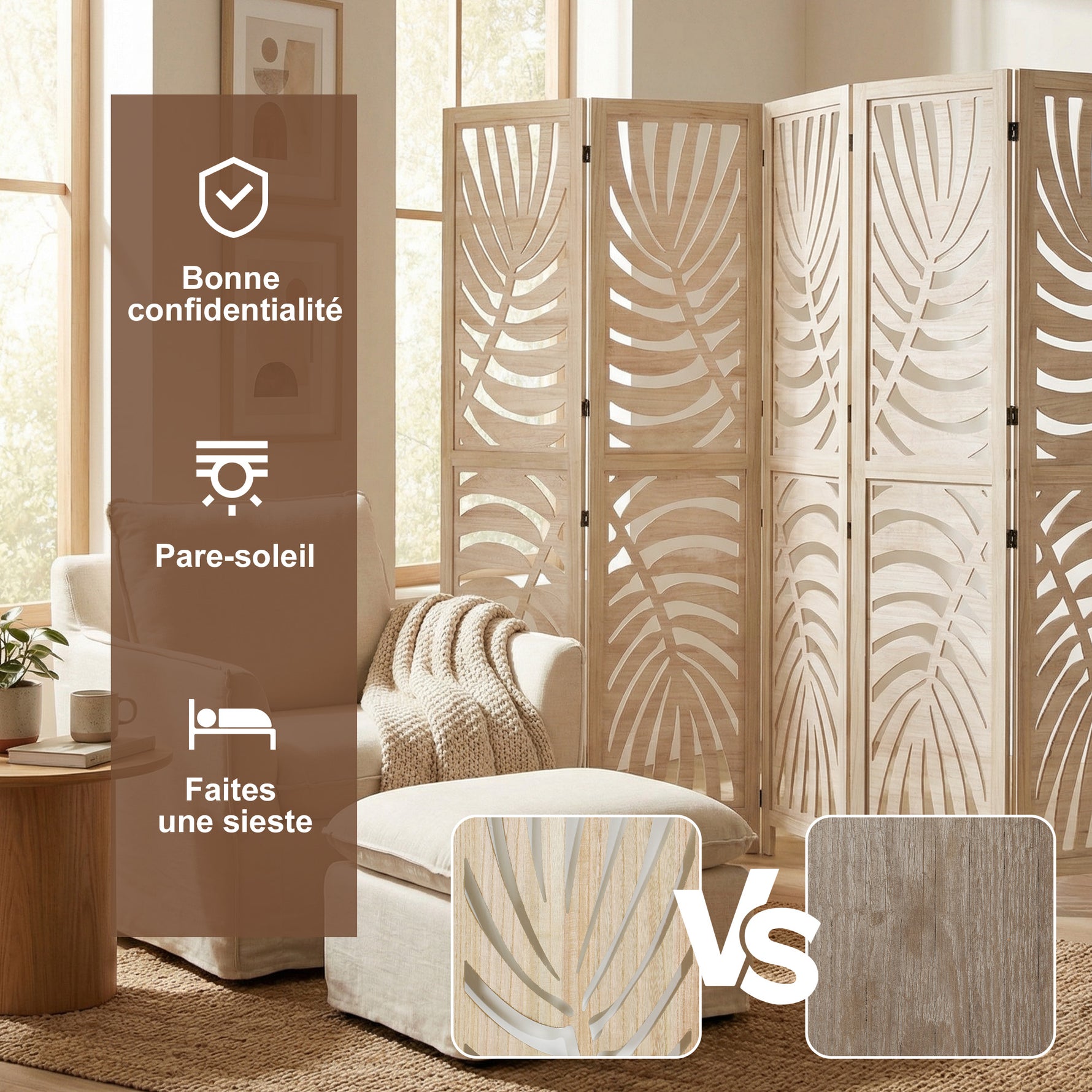 Paravent interieur en bois 6 panneaux 240 x 170 cm, pliable et portable, motif de feuille, design amovible, bois naturel