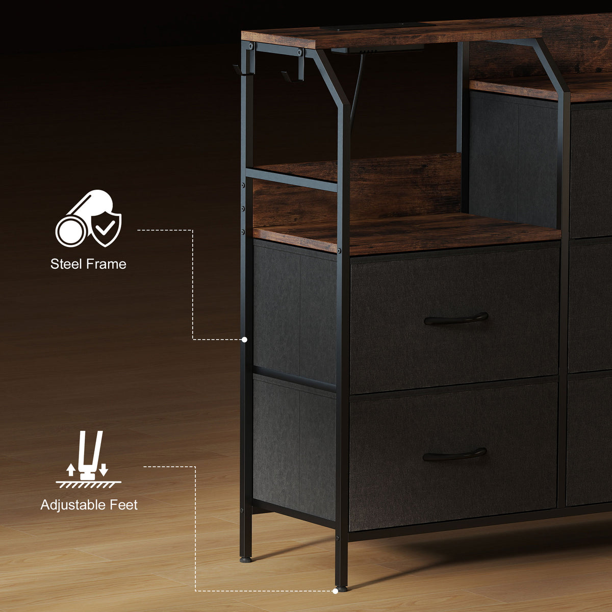 Commode, meuble de rangement avec station de recharge, 8 tiroirs en tissu, étagère ouverte, 130,5x30x88cm, marron