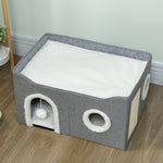 Niche Chat Interieur Pliable avec Griffoir, Lit Surélevé, Entrées, Jouet Suspendu, Coussin Réversible, 60x40x34cm, Gris