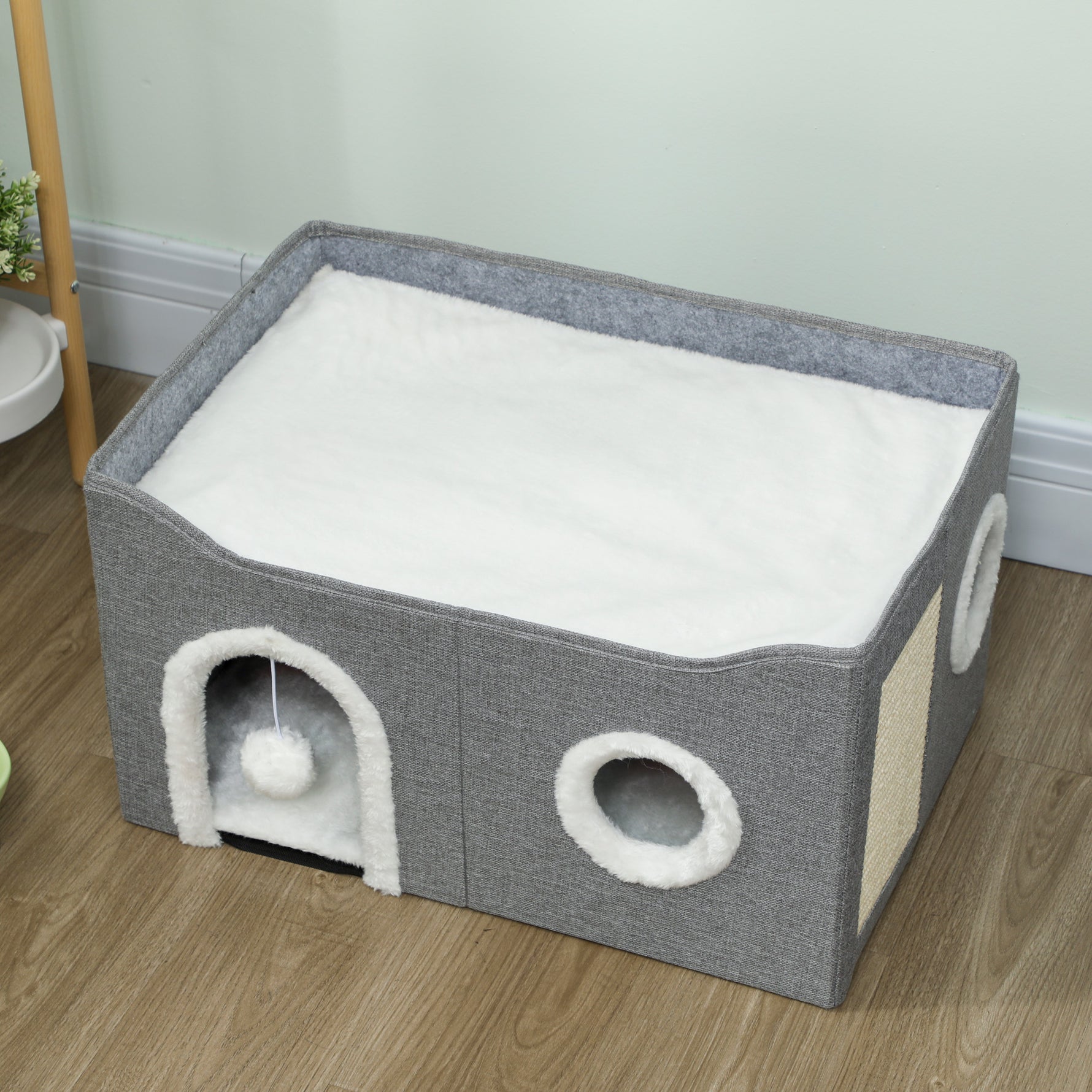 Niche Chat Interieur Pliable avec Griffoir, Lit Surélevé, Entrées, Jouet Suspendu, Coussin Réversible, 60x40x34cm, Gris