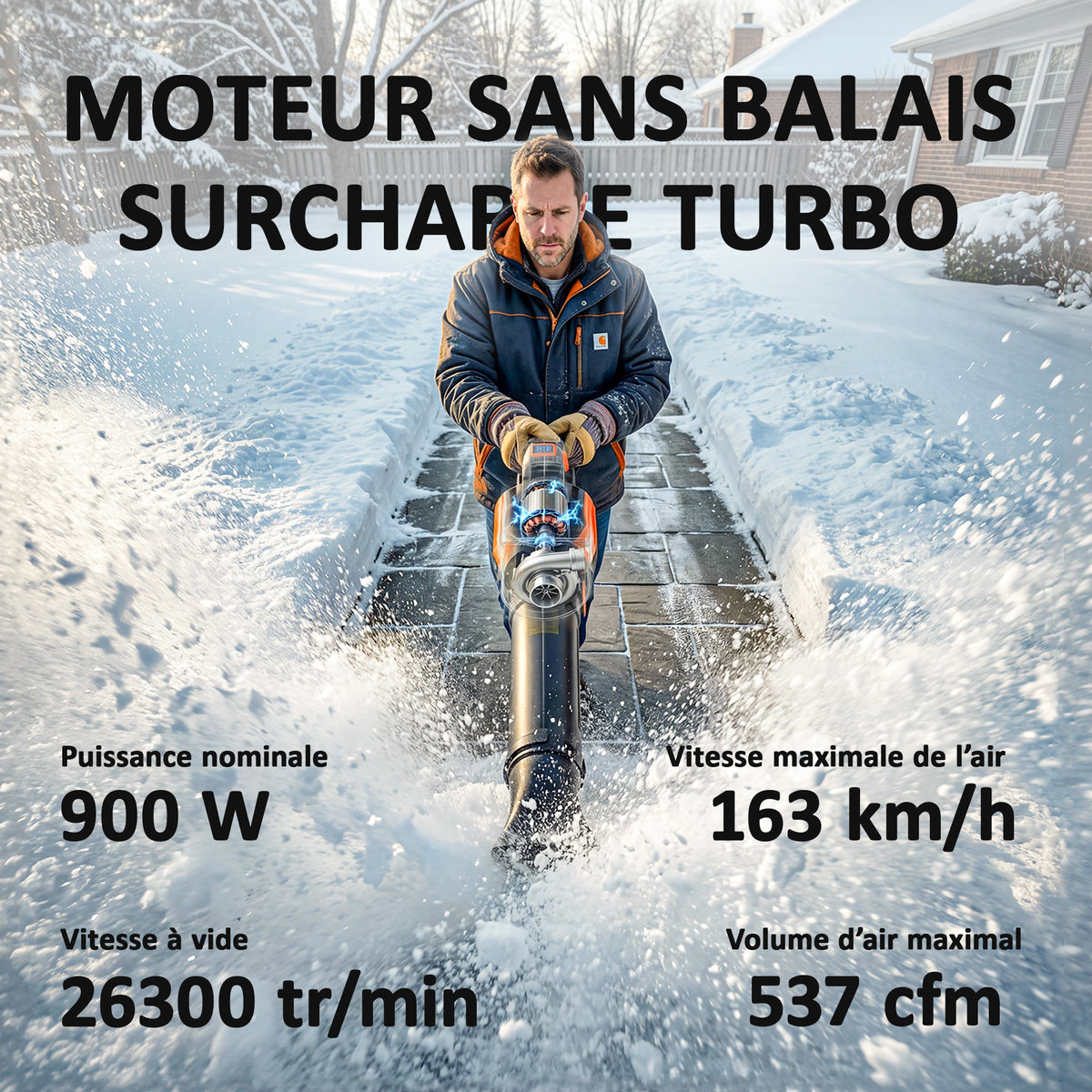Souffleur de Feuilles sans Fil avec Moteur Brushless 900W Batterie 36v (2x4,0Ah) Puissant 15,2 m³/min Orange et Noir