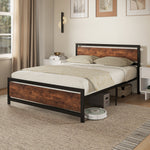 Cadre de lit double 200 x 160 cm en acier avec sommier et tête de lit compatible matelas aspect bois foncé