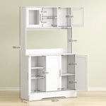 Armoire de cuisine scandinave avec placards, compartiments ouverts, portes vitrées et plan de travail, blanc