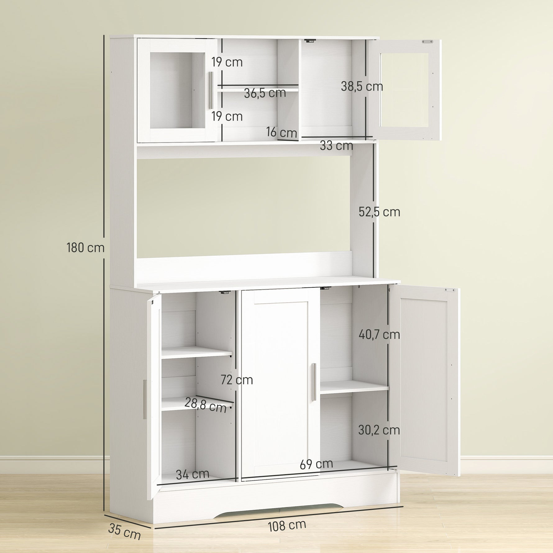 Armoire de cuisine scandinave avec placards, compartiments ouverts, portes vitrées et plan de travail, blanc