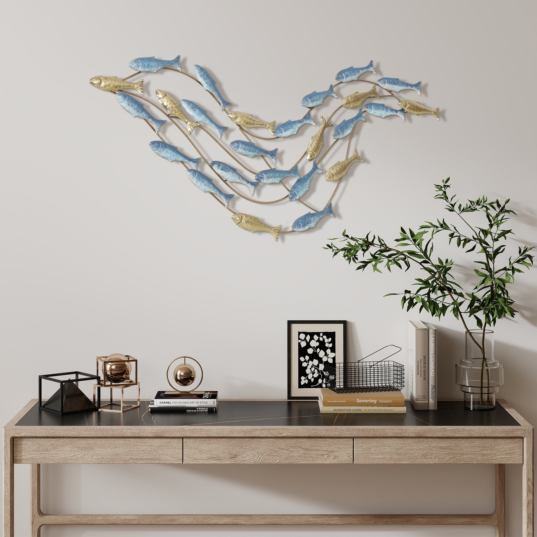 Décoration murale en métal moderne, sculpture murale en métal avec motif de poisson unique, 100 x 50 cm, bleu clair