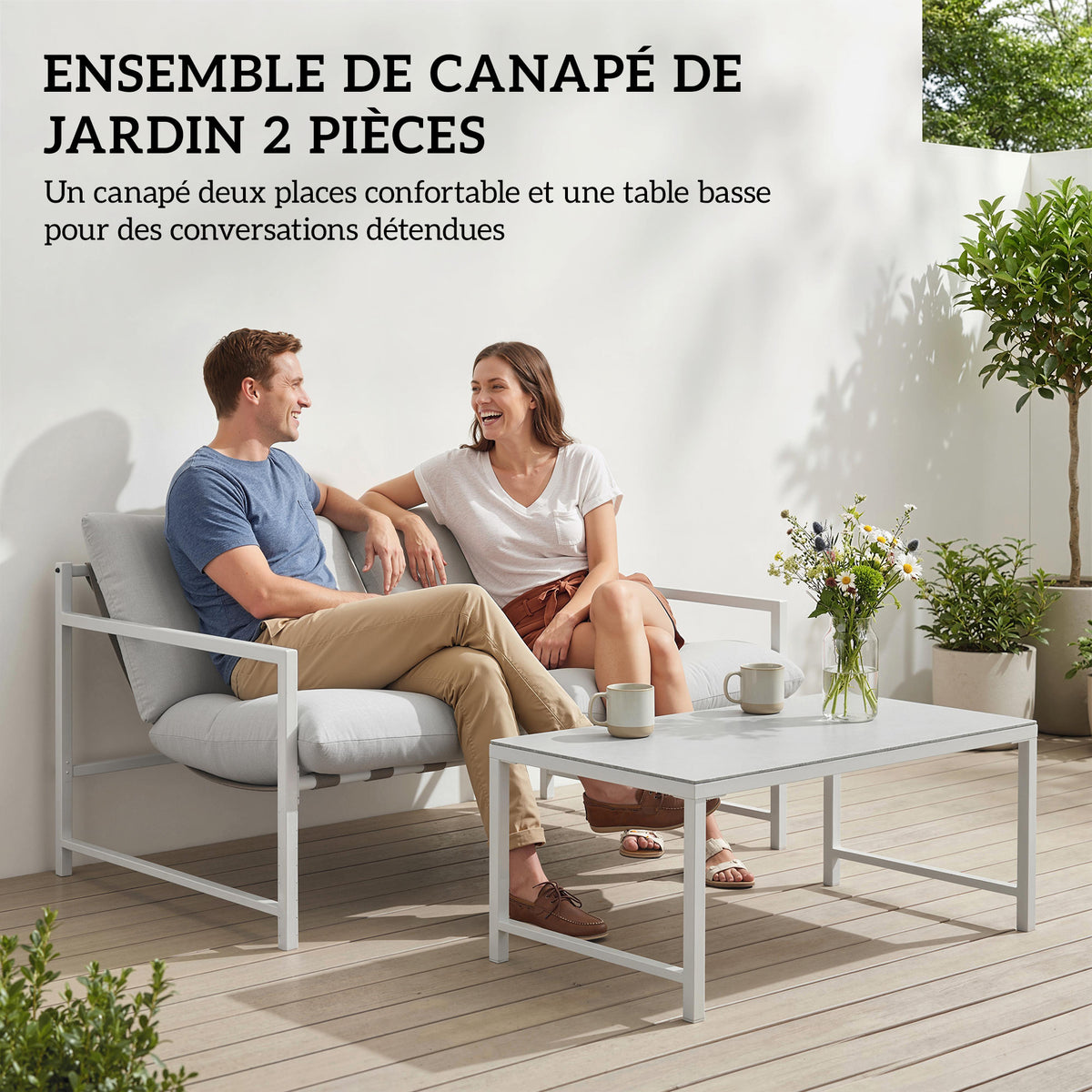 Conjunto de Jardín de Exterior de 2 Piezas, Sofá con Cojines, Mesa de Centro de Vidrio Templado con Efecto Mármol 3D, 125x80x64cm, Gris Claro