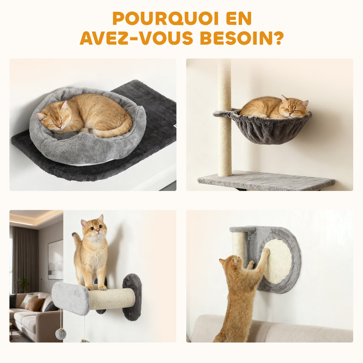 Étagères murales pour chat arbre à chat mural 5 pièces 2 niches hamac plateformes griffoirs en sisal gris