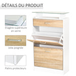 Armoire à Chaussures Meuble rangement Chaussures 2 Portes abattantes 2 Compartiments, tiroir, Plateau en Verre - Bois chêne Blanc